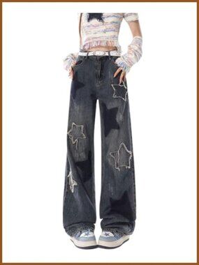High Rise Straight Leg Denim Jeans with Star Patchwork
